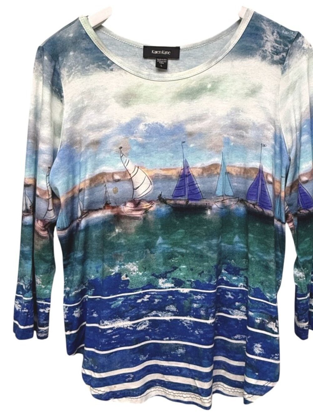 KAREN KANE Watercolor Sailboats Tee Womens M/L Coastal Print Long Sleeve